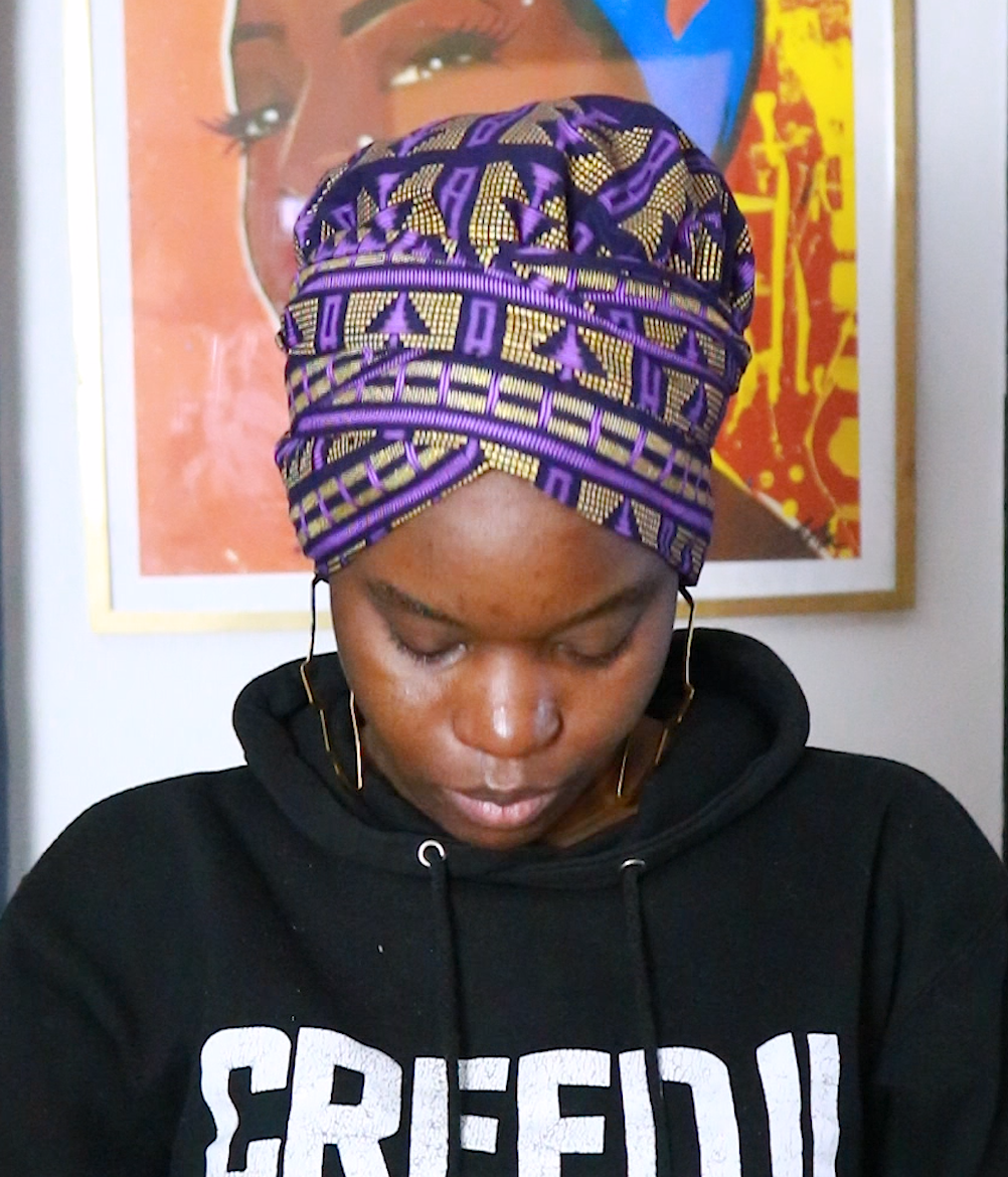 Bonnet/Turban en wax et satin ajustable violet "Queen" | AVEC OU SANS RUBAN