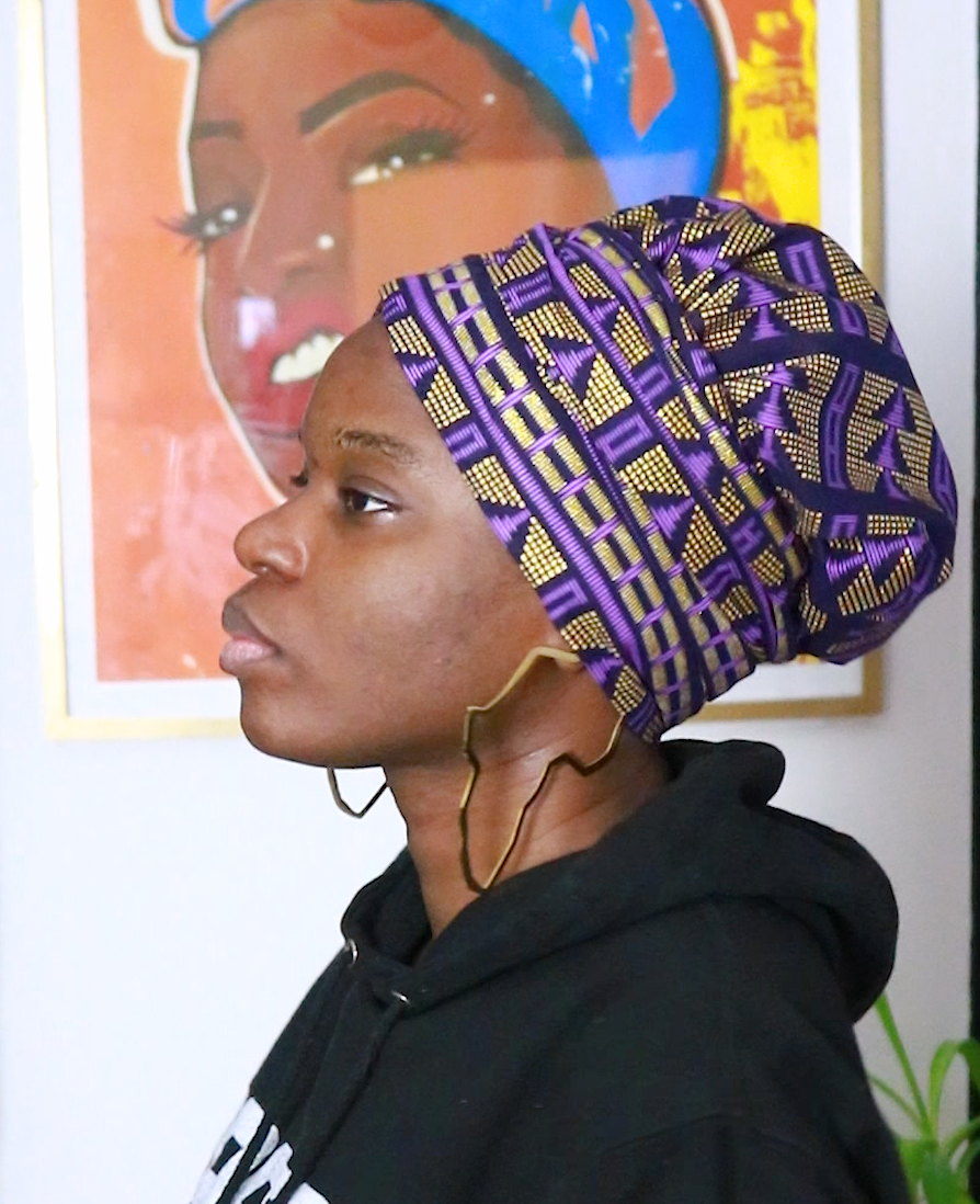 Bonnet/Turban en wax et satin ajustable violet "Queen" | AVEC OU SANS RUBAN