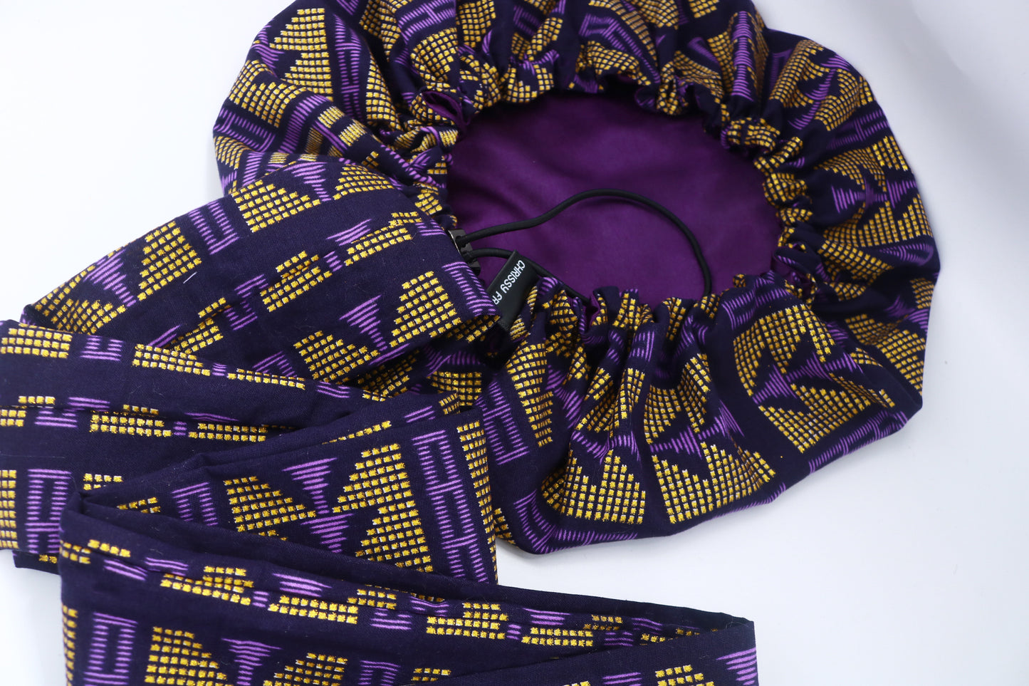 Bonnet/Turban en wax et satin ajustable violet "Queen" | AVEC OU SANS RUBAN