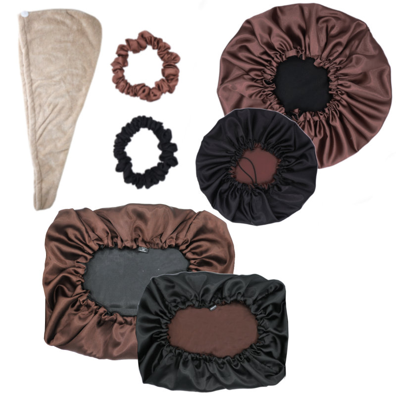 COFFRET Ebony | Bonnet en satin, taie d'oreiller, chouchous et serviette