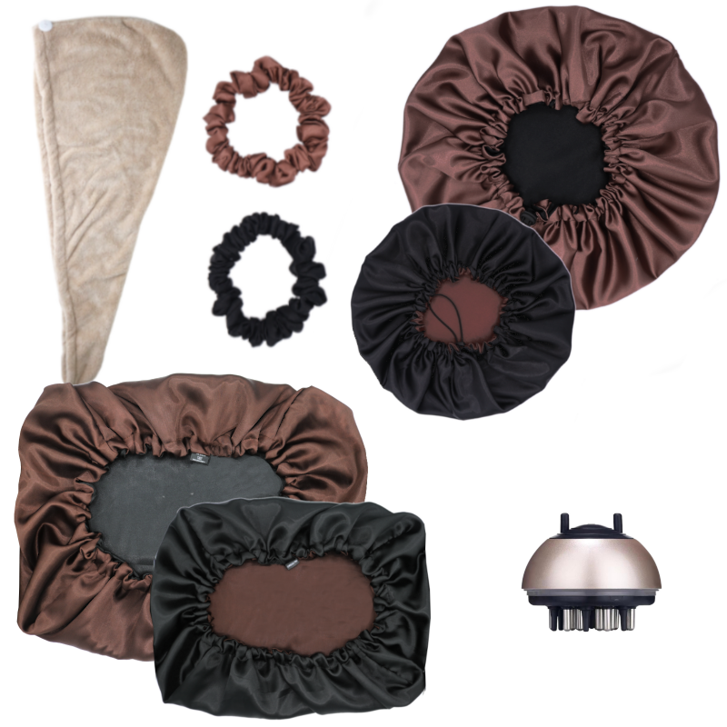 COFFRET Ebony | Bonnet en satin, taie d'oreiller, chouchous et serviette