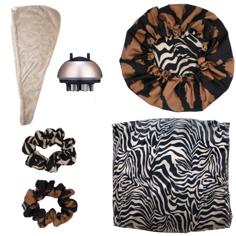 (PRECOMMANDE) COFFRET Silky | Bonnet en soie, taie d'oreiller, masseur à réservoir, chouchous et serviette