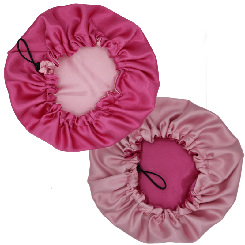 Pack Duo Bonnets enfant et adulte en satin réversible ajustable "Barb" rose