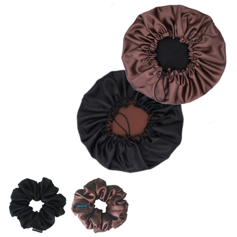 PACK EBONY | Bonnet en satin marron, chouchous et serviette microfibre
