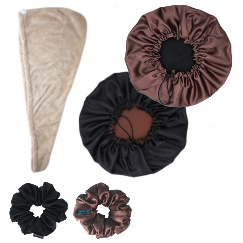 PACK EBONY | Bonnet en satin marron, chouchous et serviette microfibre