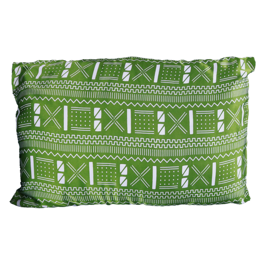 COFFRET Maya | Bonnet en soie verte à motifs, taie d'oreiller, 2 chouchous et serviette