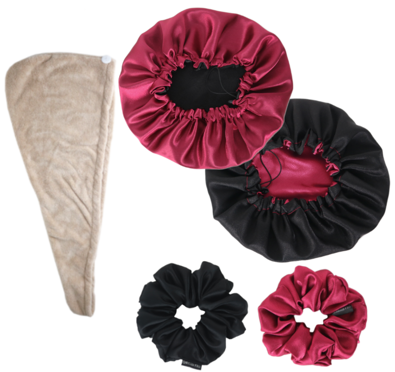 PACK CERISE Standard ou XL | Bonnet en satin réversible + 2 chouchous en satin | Noir/Rouge