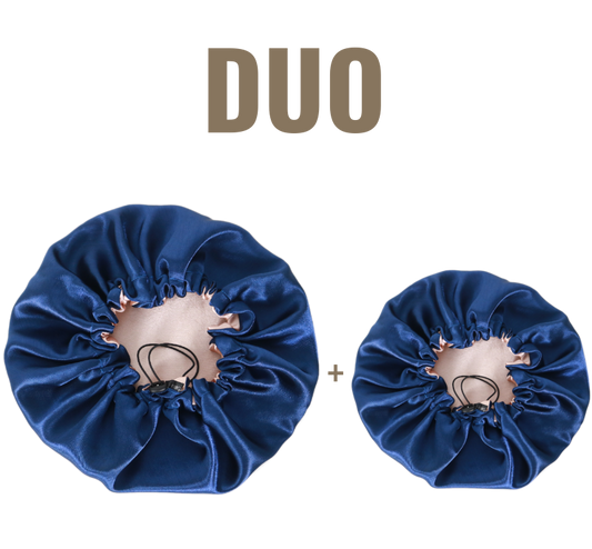 Pack Duo Bonnets enfant et adulte en satin réversible ajustable "Chloé" | Bleu et saumon