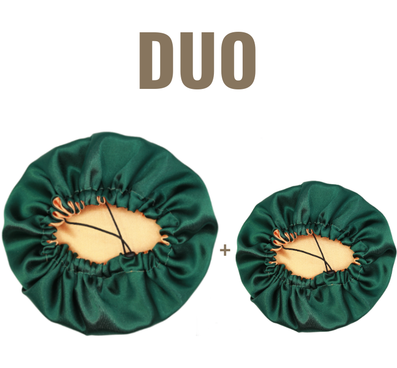 Pack Duo Bonnets enfant et adulte en satin réversible ajustable "Clem" | Vert et orange