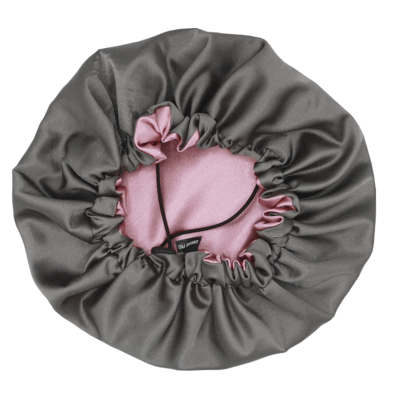 Bonnet de nuit ajustable en satin réversible "Sam" | Rose et gris