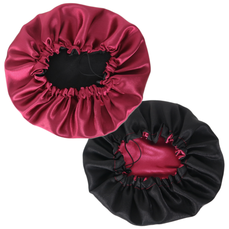 Bonnet en satin Cerise ajustable réversible rouge et noir | Taille standard ou XL