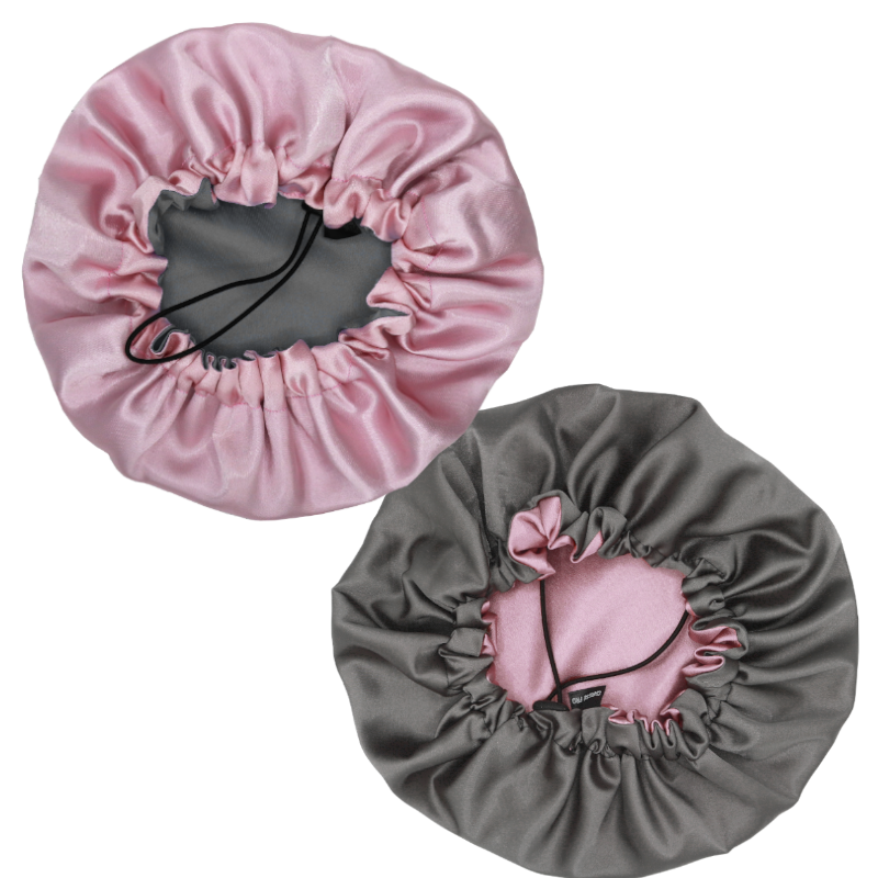 Bonnet de nuit ajustable en satin réversible "Sam" | Rose et gris