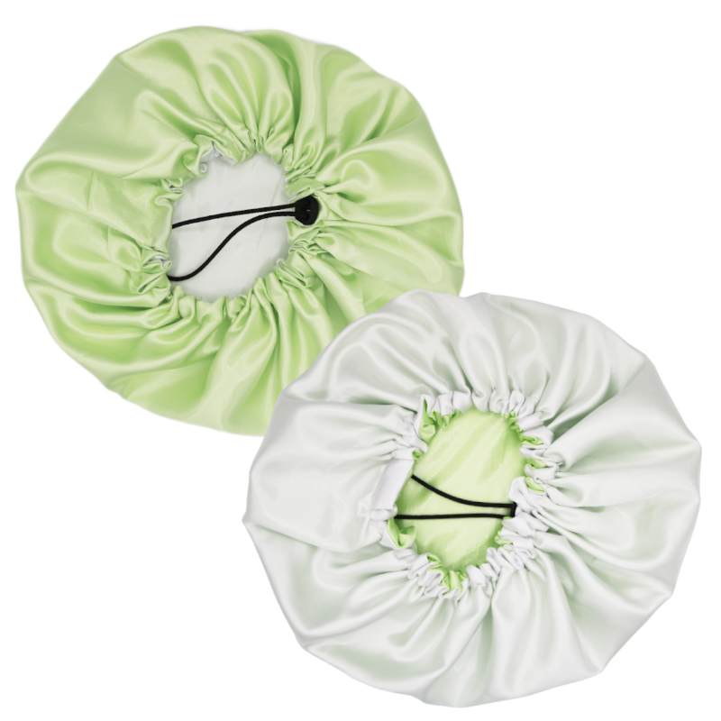 Bonnet en satin vert citron et blanc réversible ajustable "Lemonade" | Standard