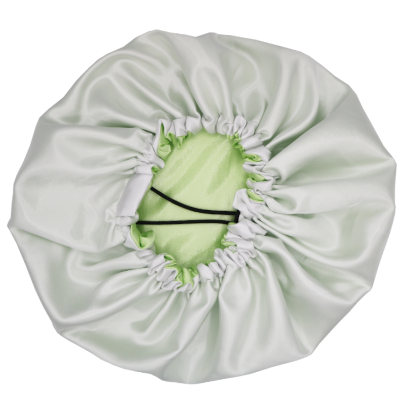 Bonnet en satin vert citron et blanc réversible ajustable "Lemonade" | Standard