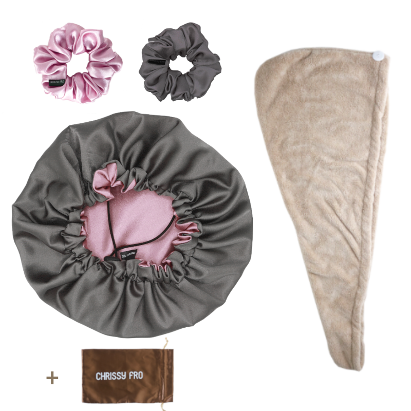 PACK SAM | Bonnet en satin, 2 chouchous + serviette microfibre