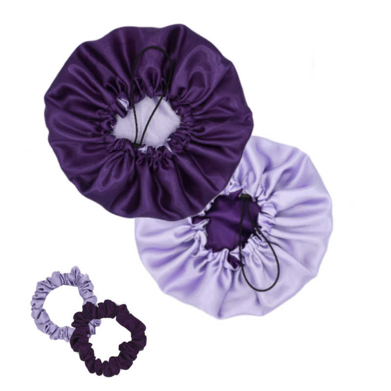 Pack Valentine | Bonnet en satin ajustable réversible violet + 2 mini chouchous