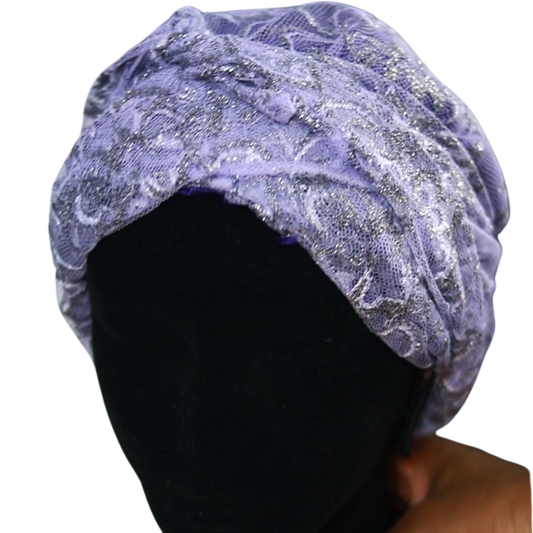 Bonnet/Turban réglable en tulle violet doublé en satin "Mary" - Taille standard