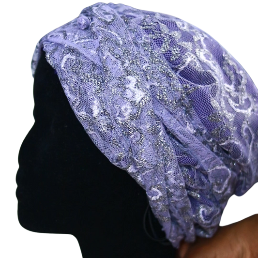 Bonnet/Turban réglable en tulle violet doublé en satin "Mary" - Taille standard