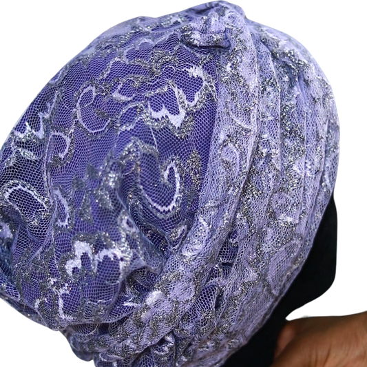 Bonnet/Turban réglable en tulle violet doublé en satin "Mary" - Taille standard