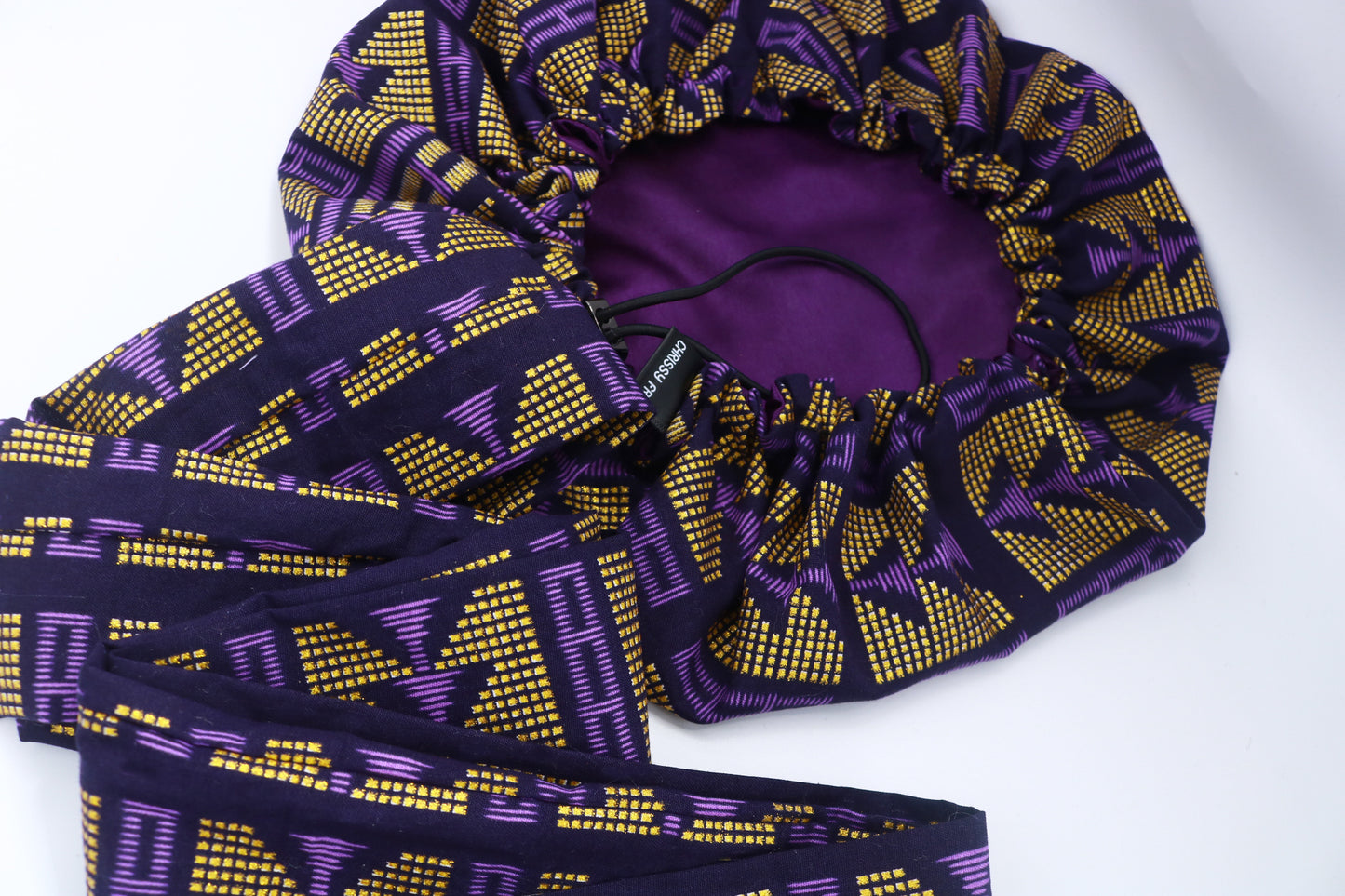 Bonnet/Turban en wax et satin ajustable violet "Queen"