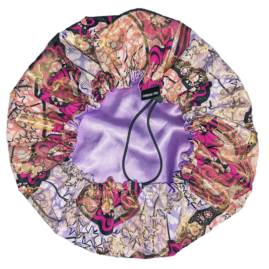 Bonnet en satin et wax violet "Violette" réglable - Taille standard