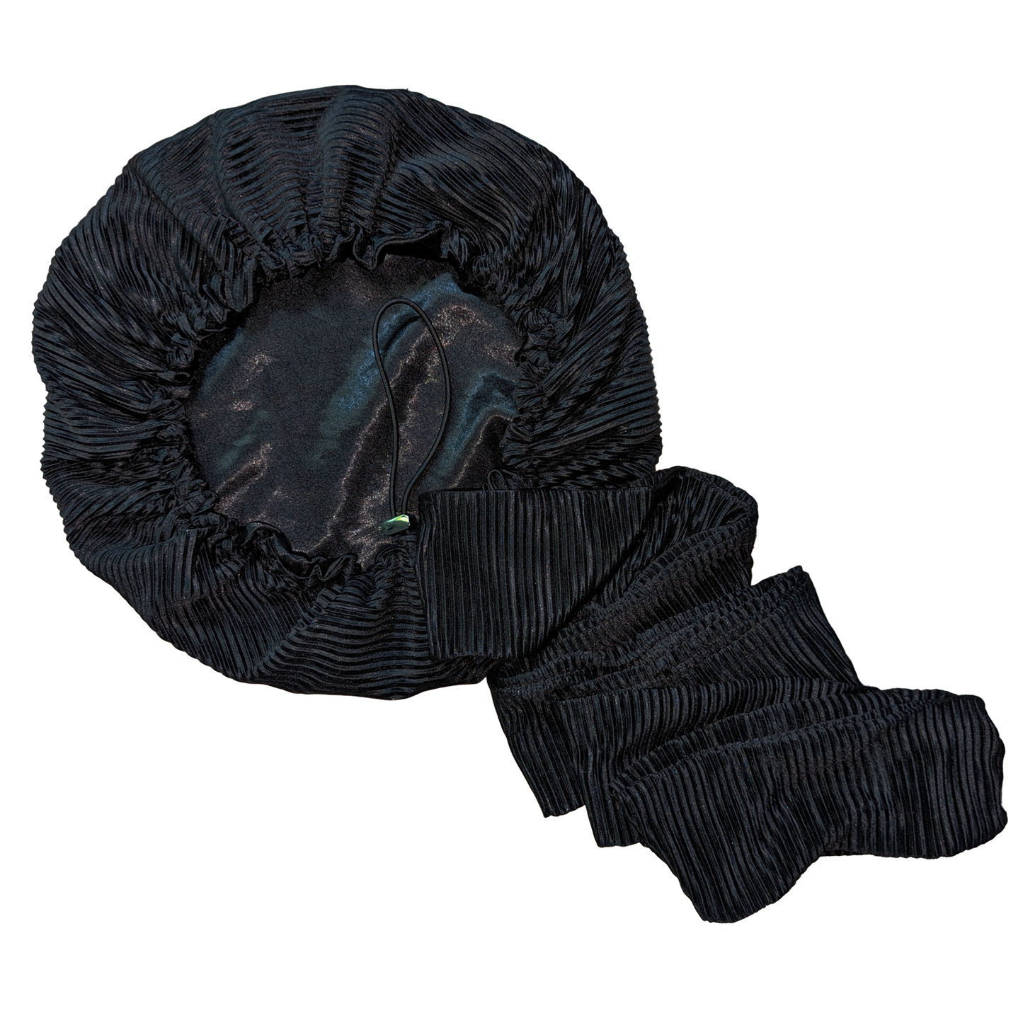 Bonnet/Turban ajustable noir plissé doublé en satin "Mia" - Taille standard