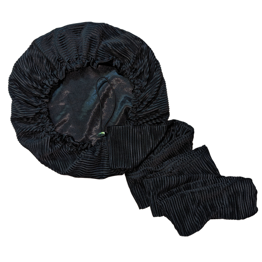 Bonnet/Turban ajustable noir plissé doublé en satin "Mia" - Taille standard