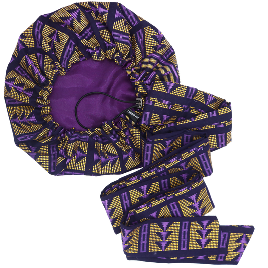 Bonnet/Turban en wax et satin ajustable violet "Queen"  | AVEC OU SANS RUBAN