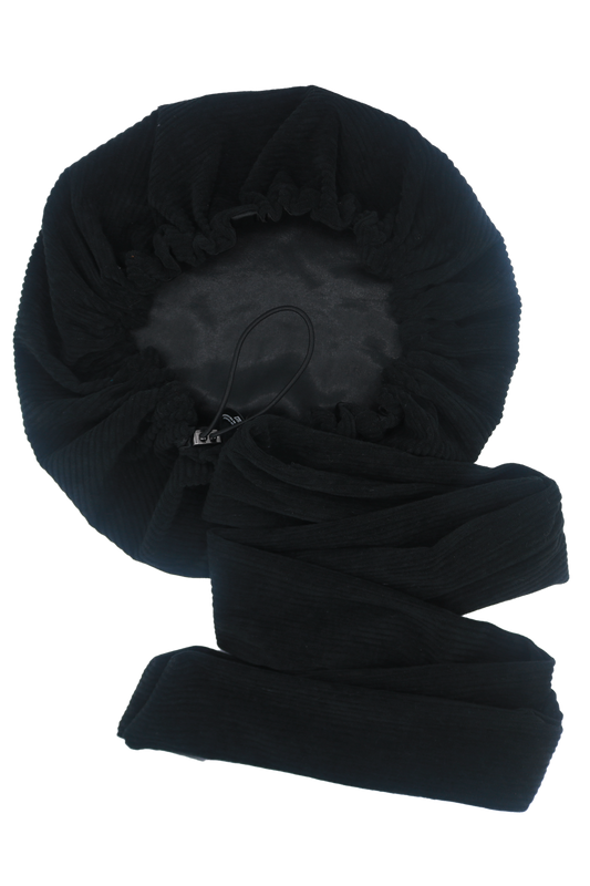 Bonnet/Turban à nouer en velours côtelé noir et satin ajustable "Velvet" | Standard