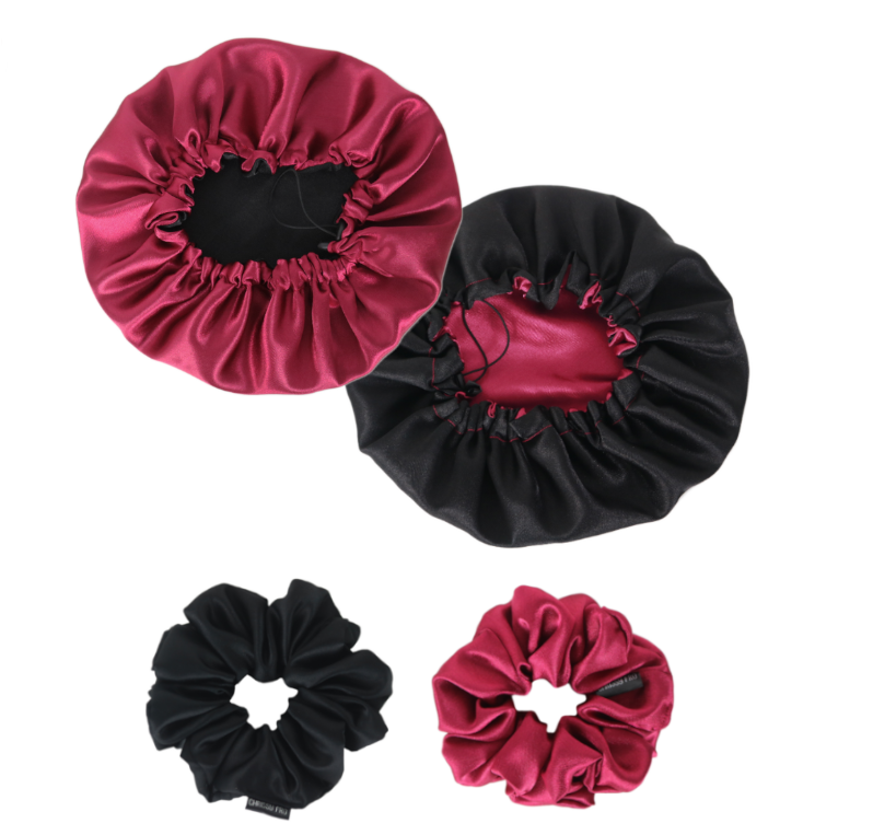 PACK CERISE Standard ou XL | Bonnet en satin réversible + 2 chouchous en satin | Noir/Rouge