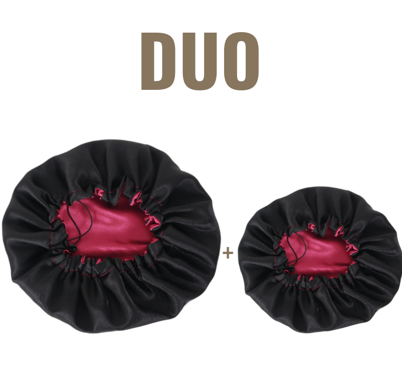 Pack Duo Bonnets enfant et adulte en satin réversible ajustable "Cerise" | Noir et rouge