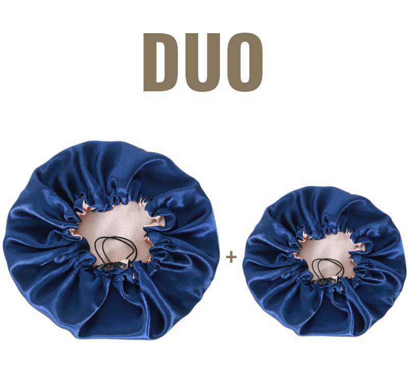 Pack Duo Bonnets enfant et adulte en satin réversible ajustable "Chloé" | Bleu et rose doré