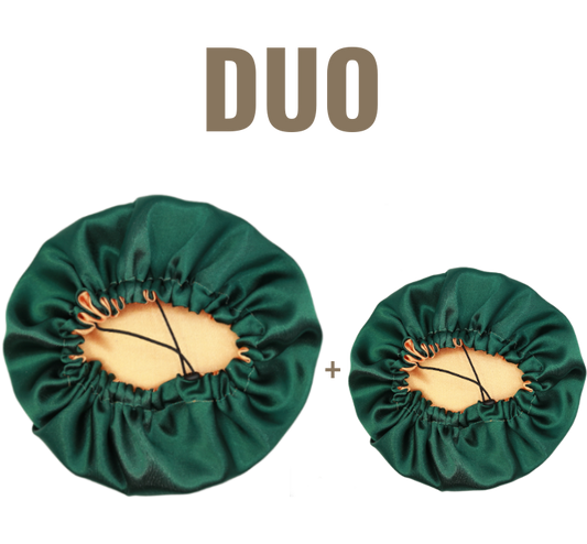Pack Duo Bonnets enfant et adulte en satin réversible ajustable "Clem" | Vert et orange
