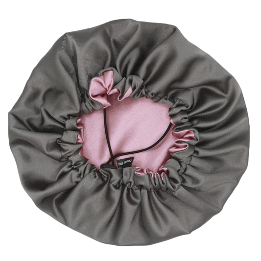 Bonnet de nuit ajustable en satin réversible "Sam" | Rose et gris
