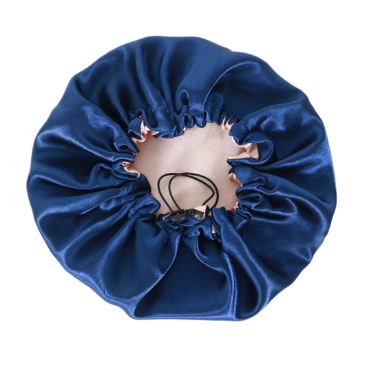 Bonnet de nuit ENFANT réglable Chloé en satin bleu et rose doré réversible