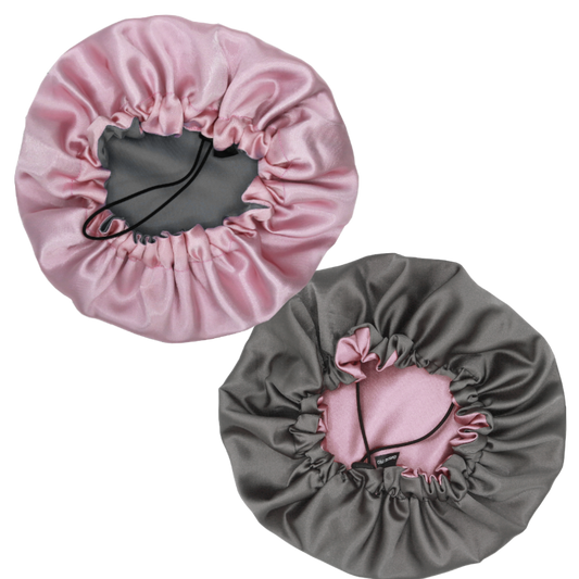 Bonnet de nuit ajustable en satin réversible "Sam" | Rose et gris