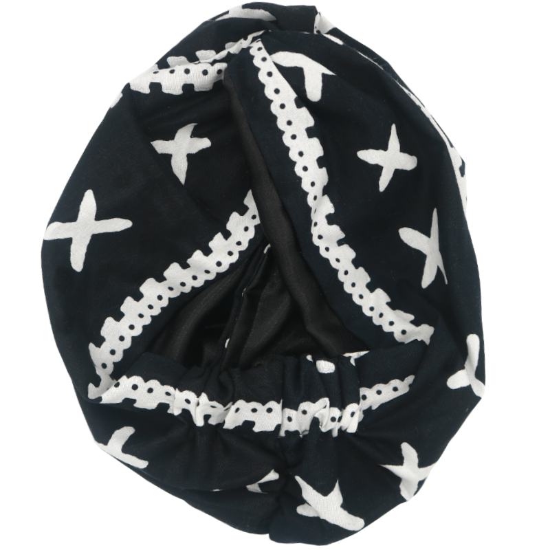 Turban "Kross" en wax noir et blanc doublé en satin - Taille unique