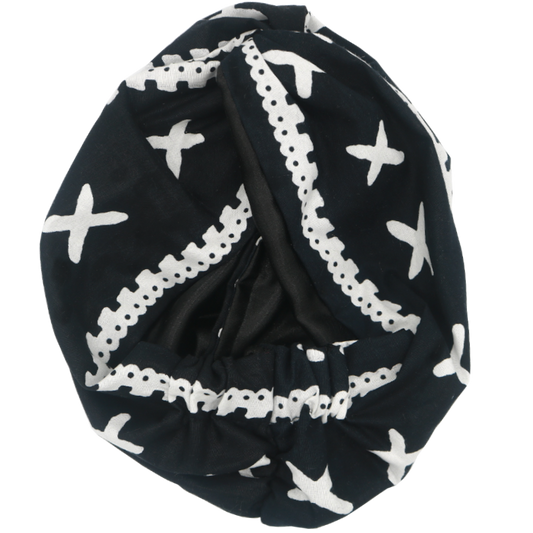 Turban "Kross" en wax noir et blanc doublé en satin - Taille unique